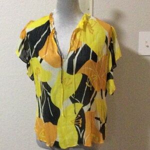 The Kooples luxury from Paris Hibiscus Floral Yellow and Black Women's Top